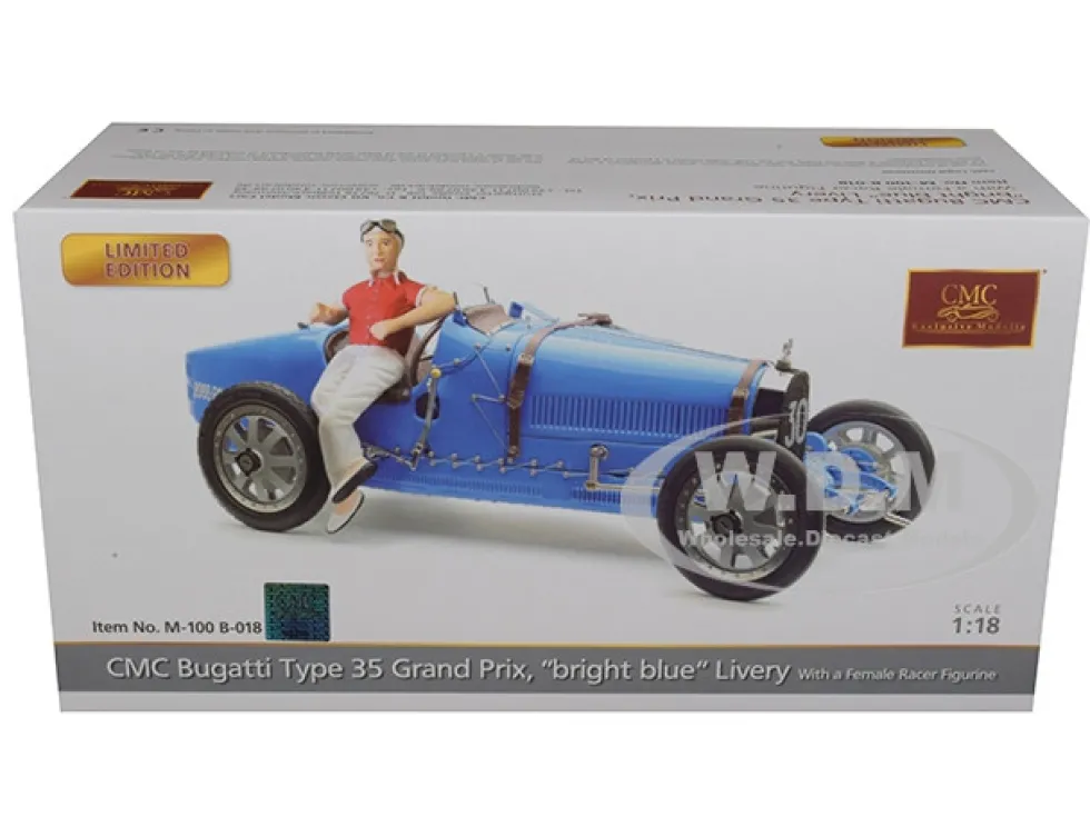 Bugatti T35 #30 Grand Prix Bright Blue Livery Female Racer Figurine Limited Edition 600 pieces Worldwide 1/18 Diecast Model Car CMC 100B018
