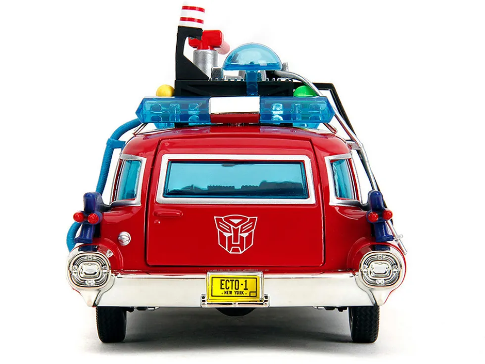 1959 Cadillac Ambulance Ecto-1 Red "Transformers" TV Series - "Ghostbusters" (1984) Movie Crossover "Hollywood Rides" Series 1/24 Diecast Model Car by Jada