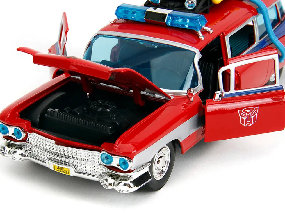 1959 Cadillac Ambulance Ecto-1 Red "Transformers" TV Series - "Ghostbusters" (1984) Movie Crossover "Hollywood Rides" Series 1/24 Diecast Model Car by Jada