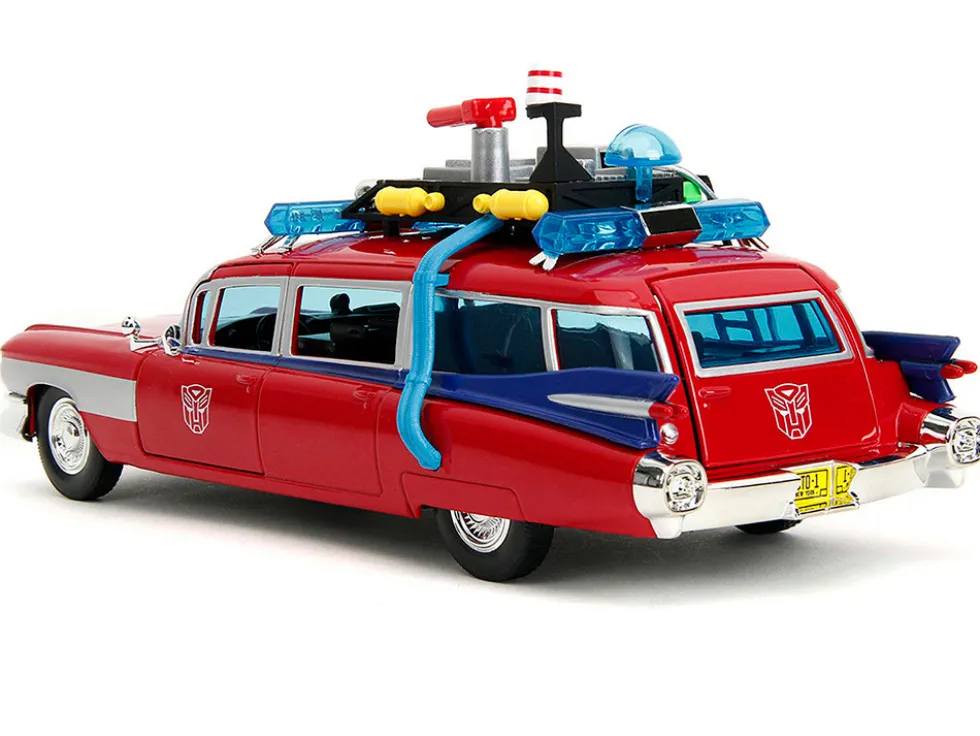 1959 Cadillac Ambulance Ecto-1 Red "Transformers" TV Series - "Ghostbusters" (1984) Movie Crossover "Hollywood Rides" Series 1/24 Diecast Model Car by Jada