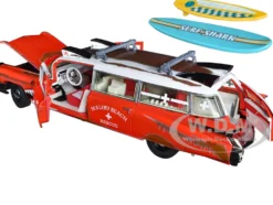 1959 Cadillac Eldorado Ambulance Red with White Top Malibu Beach Rescue Weathered with Surfboards on Roof Surf Shark 1/18 Diecast Model Car Auto World AW312