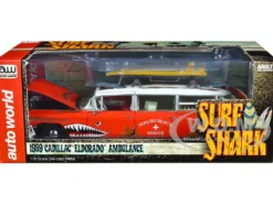 1959 Cadillac Eldorado Ambulance Red with White Top Malibu Beach Rescue Weathered with Surfboards on Roof Surf Shark 1/18 Diecast Model Car Auto World AW312