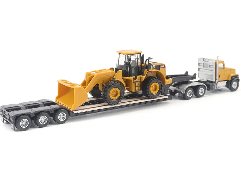 CAT Caterpillar CT681 Day Cab Tractor Yellow with Lowboy Trailer and CAT 950G Wheel Loader Yellow 1/87 (HO) Diecast Model by Diecast Masters