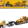 CAT Caterpillar CT660 Day Cab Tractor Yellow with Lowboy Trailer and CAT 163H Motor Grader Yellow 1/87 HO Diecast Model Diecast Masters 35179