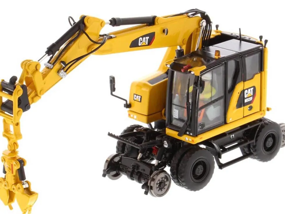 CAT Caterpillar M323F Railroad Wheeled Excavator Operator 3 Work Tools Safety Yellow Version High Line Series 1/50 Diecast Model Diecast Masters 85661