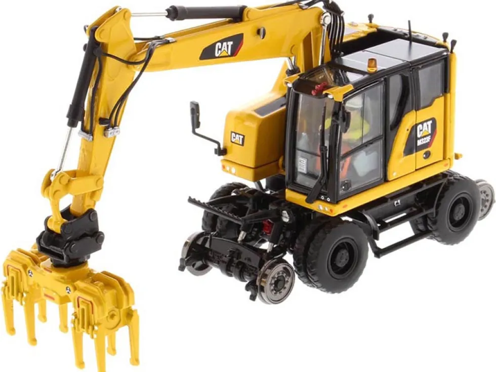 CAT Caterpillar M323F Railroad Wheeled Excavator Operator 3 Work Tools Safety Yellow Version High Line Series 1/50 Diecast Model Diecast Masters 85661