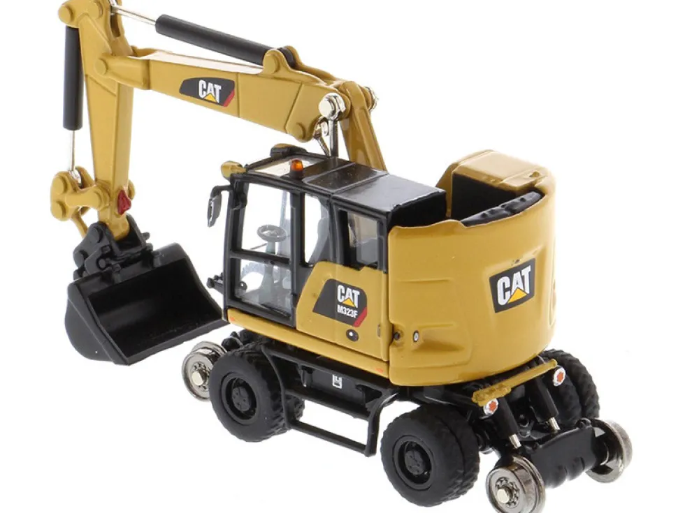 CAT Caterpillar M323F Railroad Wheeled Excavator 3 Accessories CAT Yellow Version High Line Series 1/87 HO Scale Diecast Model Diecast Masters 85656