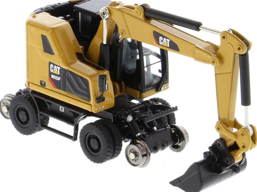 CAT Caterpillar M323F Railroad Wheeled Excavator 3 Accessories CAT Yellow Version High Line Series 1/87 HO Scale Diecast Model Diecast Masters 85656