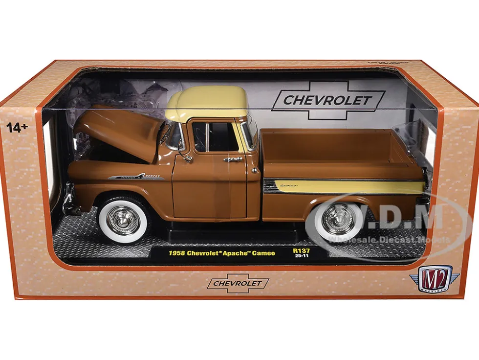 1958 Chevrolet Apache Cameo Pickup Truck Brown with Beige Top Limited Edition to 5250 pieces Worldwide 1/24 Diecast Model Car by M2 Machines