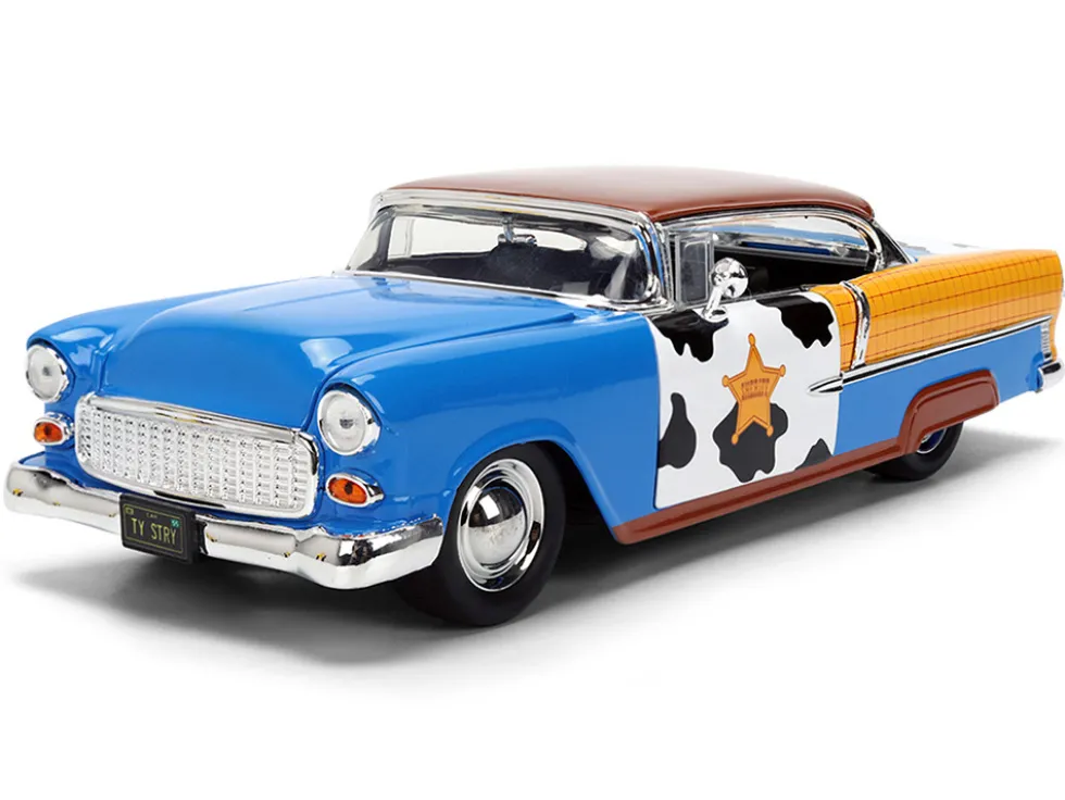 1955 Chevrolet Bel Air Blue with Graphics and Woody Diecast Figure "Toy Story" Franchise "Hollywood Rides" Series 1/24 Diecast Model Car by Jada