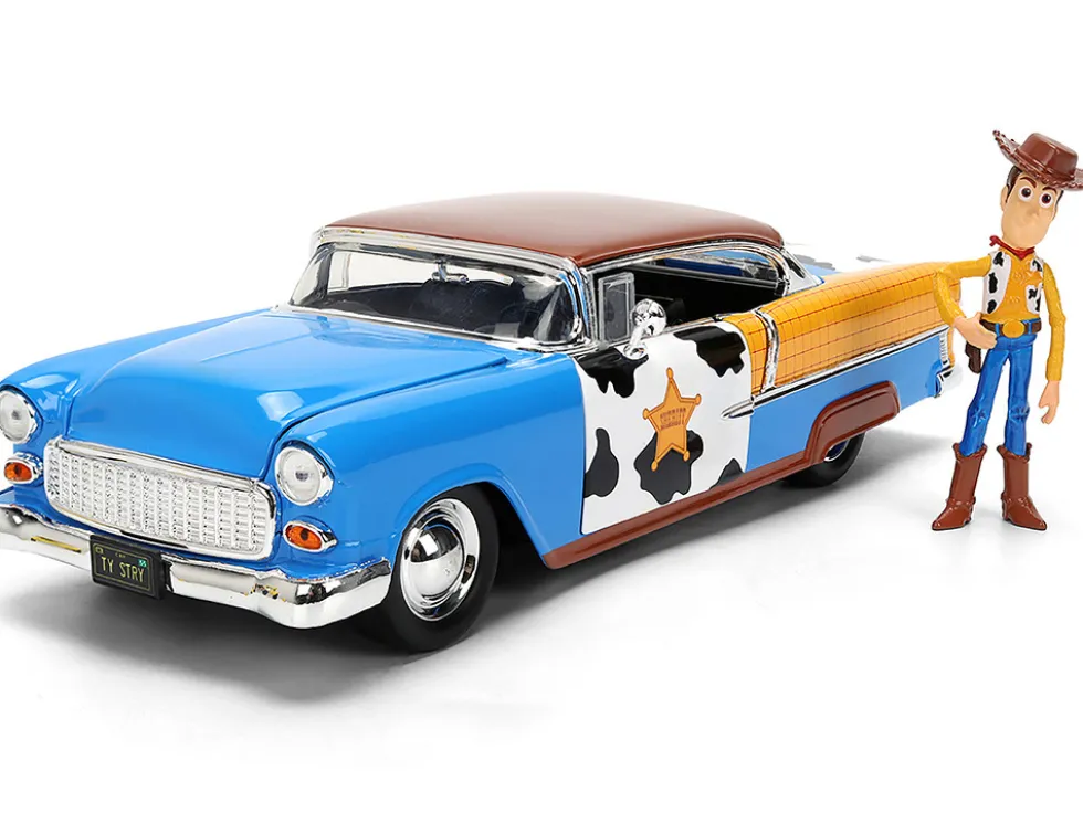 1955 Chevrolet Bel Air Blue with Graphics and Woody Diecast Figure "Toy Story" Franchise "Hollywood Rides" Series 1/24 Diecast Model Car by Jada
