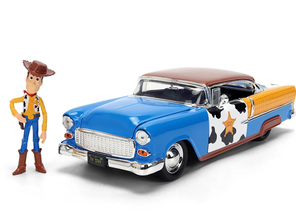 1955 Chevrolet Bel Air Blue with Graphics and Woody Diecast Figure "Toy Story" Franchise "Hollywood Rides" Series 1/24 Diecast Model Car by Jada