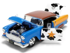 1955 Chevrolet Bel Air Blue with Graphics and Woody Diecast Figure