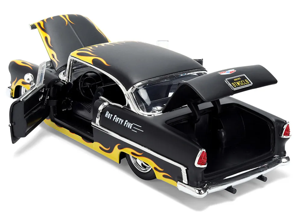 1955 Chevrolet Bel Air "BTM Social Club" Matt Black with Flames "Bigtime Muscle" Series 1/24 Diecast Model Car by Jada