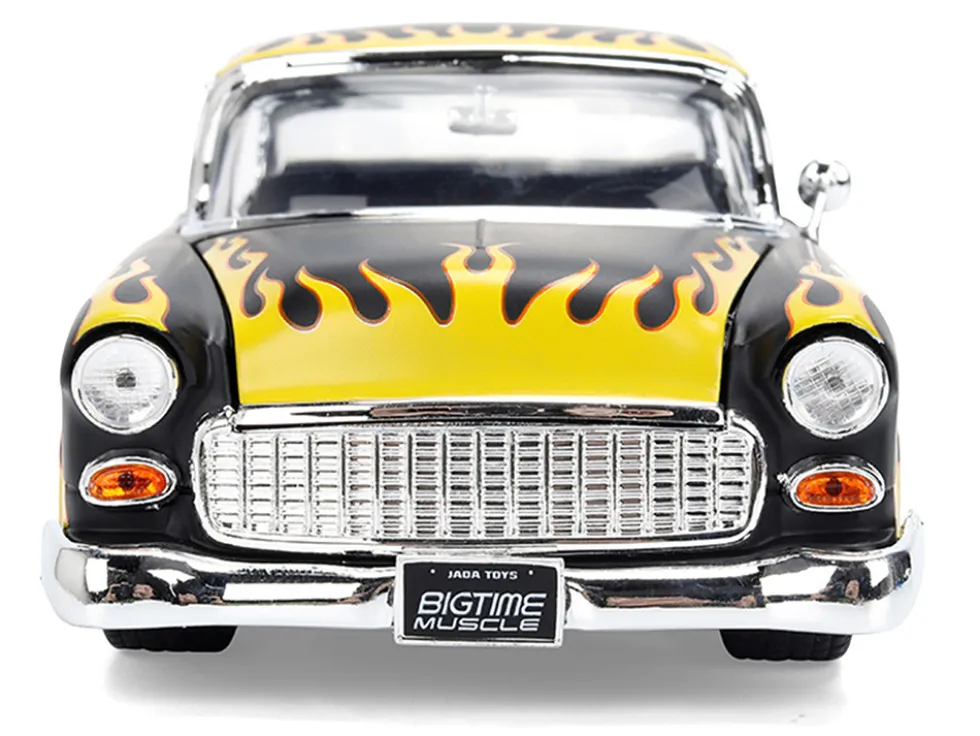 1955 Chevrolet Bel Air "BTM Social Club" Matt Black with Flames "Bigtime Muscle" Series 1/24 Diecast Model Car by Jada