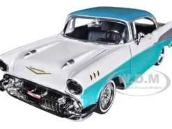 1957 Chevrolet Bel Air Lowrider Turquoise Metallic White Get Low Series 1/24 Diecast Model Car Motormax 79029