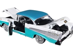 1957 Chevrolet Bel Air Lowrider Turquoise Metallic White Get Low Series 1/24 Diecast Model Car Motormax 79029