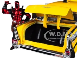 1957 Chevrolet Bel Air Taxi Yellow Deadpool Diecast Figure Marvel Series 1/24 Diecast Model Car Jada 30290