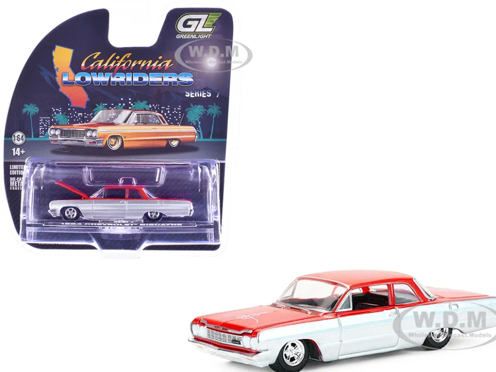 1964 Chevrolet Biscayne Lowrider Silver Metallic and Red Two-Tone "California Lowriders" Series 7 1/64 Diecast Model Car by Greenlight