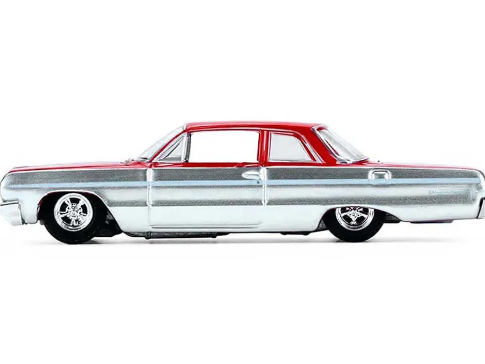 1964 Chevrolet Biscayne Lowrider Silver Metallic and Red Two-Tone "California Lowriders" Series 7 1/64 Diecast Model Car by Greenlight