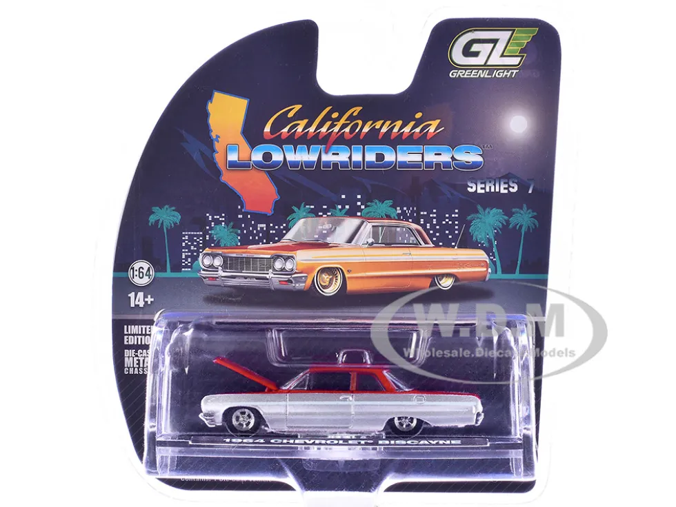 1964 Chevrolet Biscayne Lowrider Silver Metallic and Red Two-Tone "California Lowriders" Series 7 1/64 Diecast Model Car by Greenlight