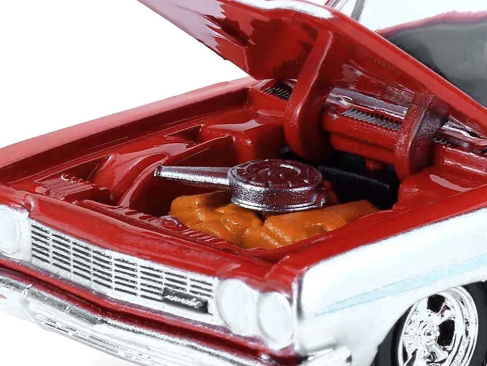 1964 Chevrolet Biscayne Lowrider Silver Metallic and Red Two-Tone "California Lowriders" Series 7 1/64 Diecast Model Car by Greenlight