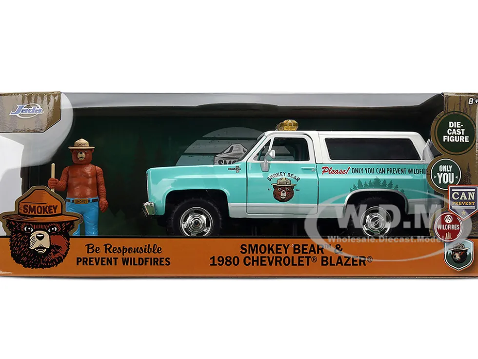 1980 Chevrolet Blazer Light Green with White Top and Graphics and Smokey Bear Diecast Figure "Smokey Bear" "Hollywood Rides" Series 1/24 Diecast Model by Jada