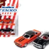 1969 Chevrolet Camaro Hugger Orange with Black Top and Stripes and 1967 Chevrolet Camaro Black with White Stripe and Red Interior Yenko Series Set of 2 Cars 1/64 Diecast Model Cars Johnny Lightning JLPK019-JLSP276B