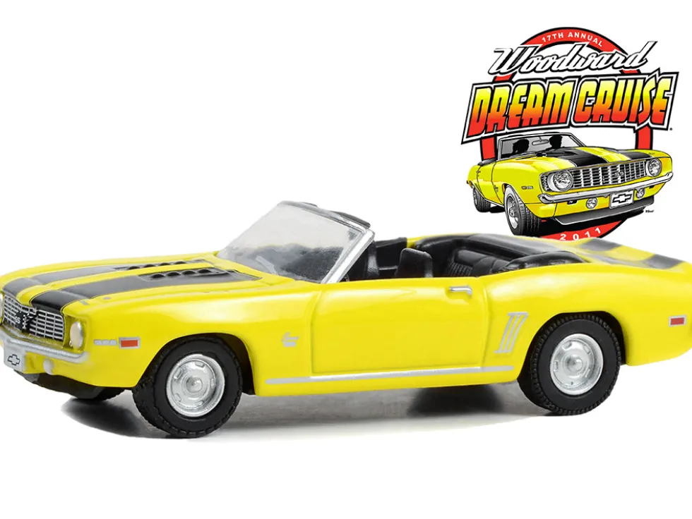 1969 Chevrolet Camaro SS Convertible Yellow with Black Stripes 17th Annual Woodward Dream Cruise Featured Heritage Vehicle 2011 Woodward Dream Cruise Series 1 1/64 Diecast Model Car Greenlight 37280B