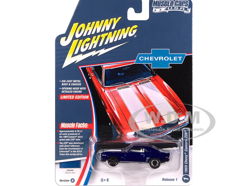 1969 Chevrolet Camaro Z28 Blue Metallic with White Stripes and Interior "Muscle Cars USA" Series 1/64 Diecast Model Car by Johnny Lightning