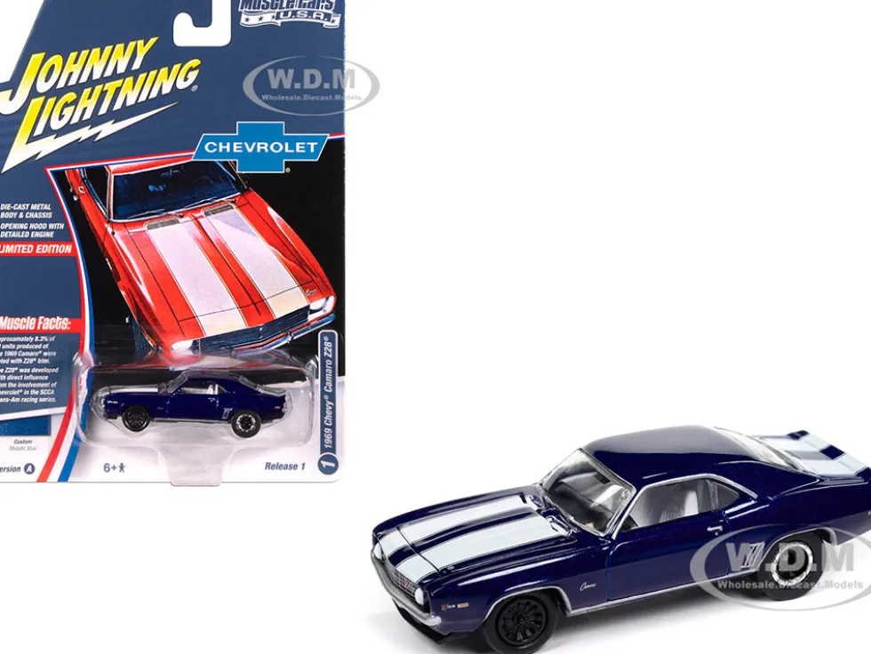 1969 Chevrolet Camaro Z28 Blue Metallic with White Stripes and Interior "Muscle Cars USA" Series 1/64 Diecast Model Car by Johnny Lightning