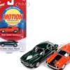 1969 Chevrolet Camaro ZLX Phase III Hugger Orange with Black Stripes and 1973 Chevrolet Camaro Phase III Dark Green Metallic and White Baldwin Motion Set 2 Cars 1/64 Diecast Model Cars Johnny Lightning JLPK017-JLSP240A