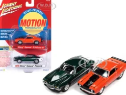1969 Chevrolet Camaro ZLX Phase III Hugger Orange with Black Stripes and 1973 Chevrolet Camaro Phase III Dark Green Metallic and White Baldwin Motion Set 2 Cars 1/64 Diecast Model Cars Johnny Lightning JLPK017-JLSP240A