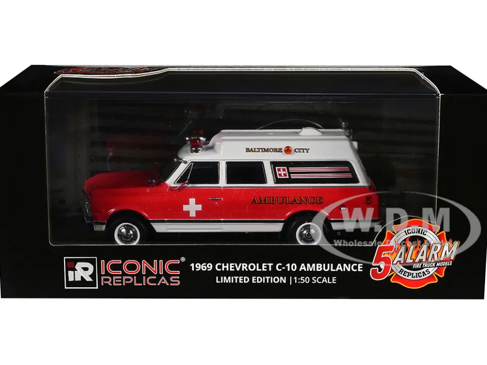 1969 Chevrolet C-10 Ambulance "Baltimore City Fire Department" White and Red "5 Alarm" Series Limited Edition 1/50 Diecast Model by Iconic Replicas