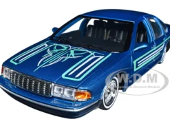 1993 Chevrolet Caprice Lowrider Blue Metallic Graphics Get Low Series 1/24 Diecast Model Car Motormax 79022