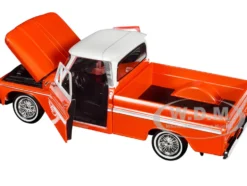 1966 Chevrolet C10 Fleetside Pickup Truck Lowrider Orange Metallic with White Top Get Low Series 1/24 Diecast Model Car Motormax 79034COP