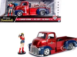 1952 Chevrolet COE Pickup Truck Red Blue Wonder Woman Diecast Figure DC Comics Bombshells Series 1/24 Diecast Model Car Jada 30453