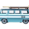 1961 Chevrolet Corvair Greenbrier Passenger Wagon Van Turquoise Metallic and Cameo White with Surfboards on Roof 1/87 (HO) Scale Diecast Model Car by Oxford Diecast