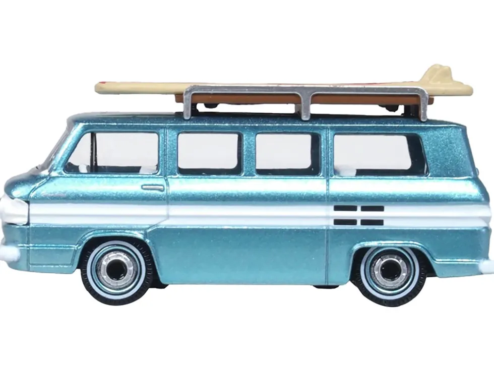 1961 Chevrolet Corvair Greenbrier Passenger Wagon Van Turquoise Metallic and Cameo White with Surfboards on Roof 1/87 (HO) Scale Diecast Model Car by Oxford Diecast