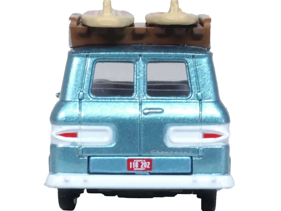 1961 Chevrolet Corvair Greenbrier Passenger Wagon Van Turquoise Metallic and Cameo White with Surfboards on Roof 1/87 (HO) Scale Diecast Model Car by Oxford Diecast