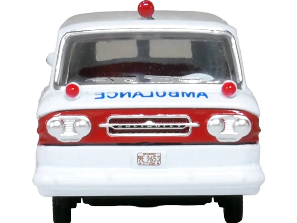 1962 Chevrolet Corvair Greenbrier AmbleWagon Ambulance White with Red Stripes 1/87 (HO) Scale Diecast Model Car by Oxford Diecast