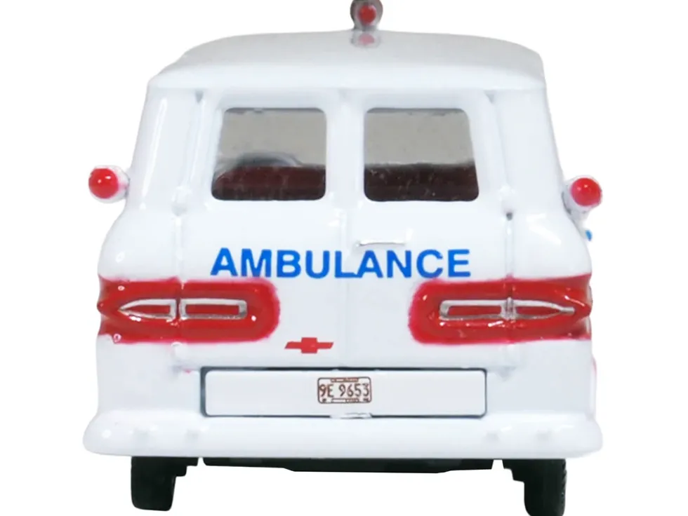 1962 Chevrolet Corvair Greenbrier AmbleWagon Ambulance White with Red Stripes 1/87 (HO) Scale Diecast Model Car by Oxford Diecast