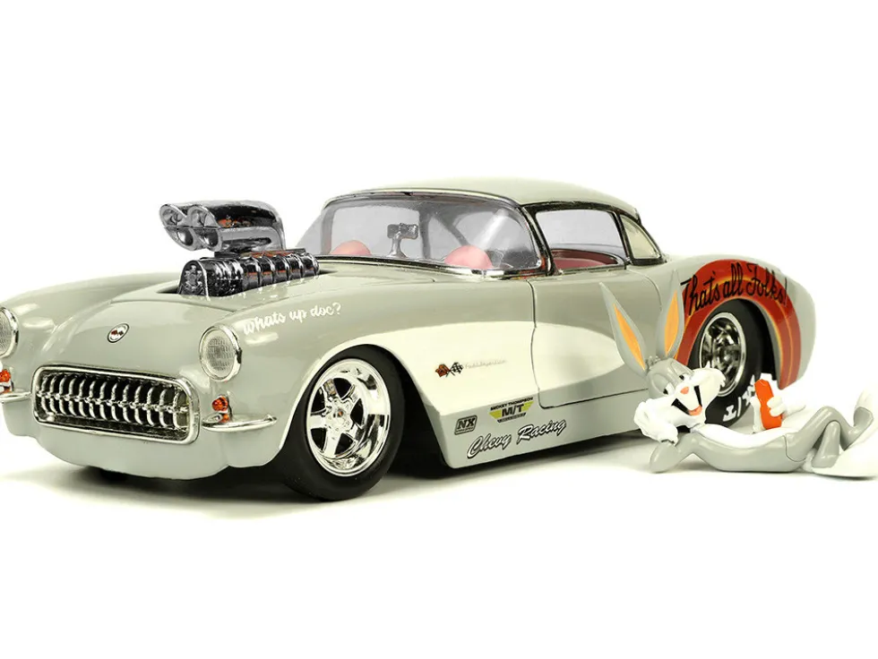 1957 Chevrolet Corvette Beige with Pink Interior with Bugs Bunny Figure Looney Tunes Hollywood Rides Series 1/24 Diecast Model Car Jada 32390