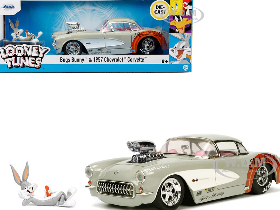 1957 Chevrolet Corvette Beige with Pink Interior with Bugs Bunny Figure Looney Tunes Hollywood Rides Series 1/24 Diecast Model Car Jada 32390