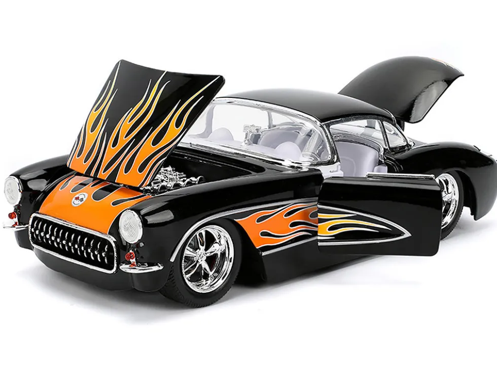1957 Chevrolet Corvette Black with Flame Graphics and White Interior "Bigtime Muscle" Series 1/24 Diecast Model Car by Jada