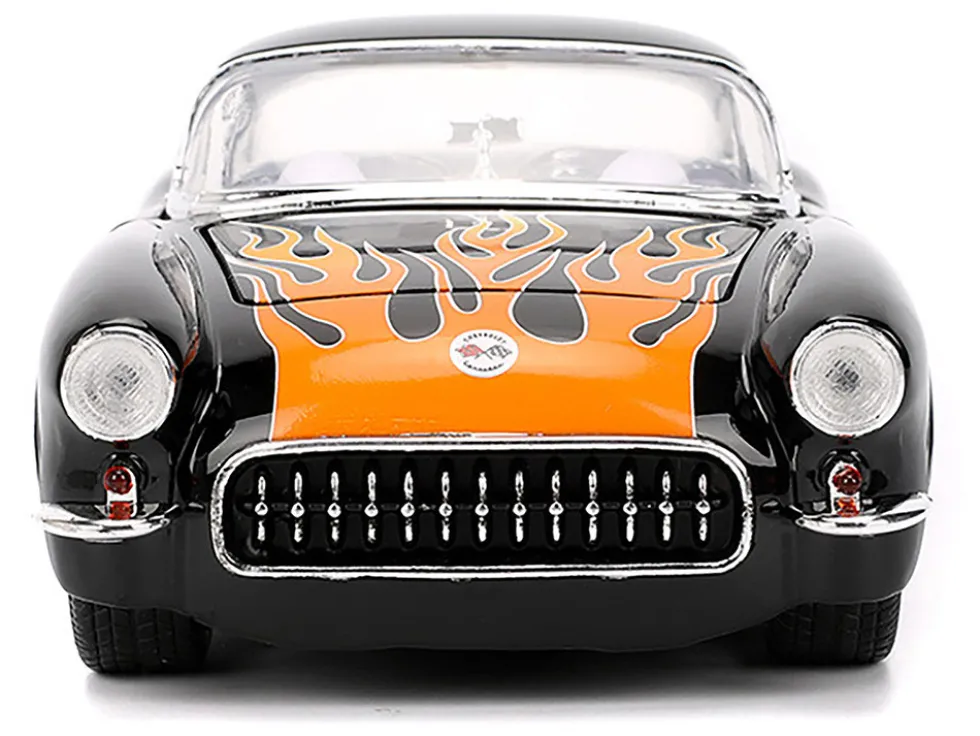 1957 Chevrolet Corvette Black with Flame Graphics and White Interior "Bigtime Muscle" Series 1/24 Diecast Model Car by Jada