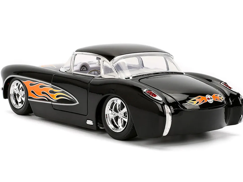 1957 Chevrolet Corvette Black with Flame Graphics and White Interior "Bigtime Muscle" Series 1/24 Diecast Model Car by Jada