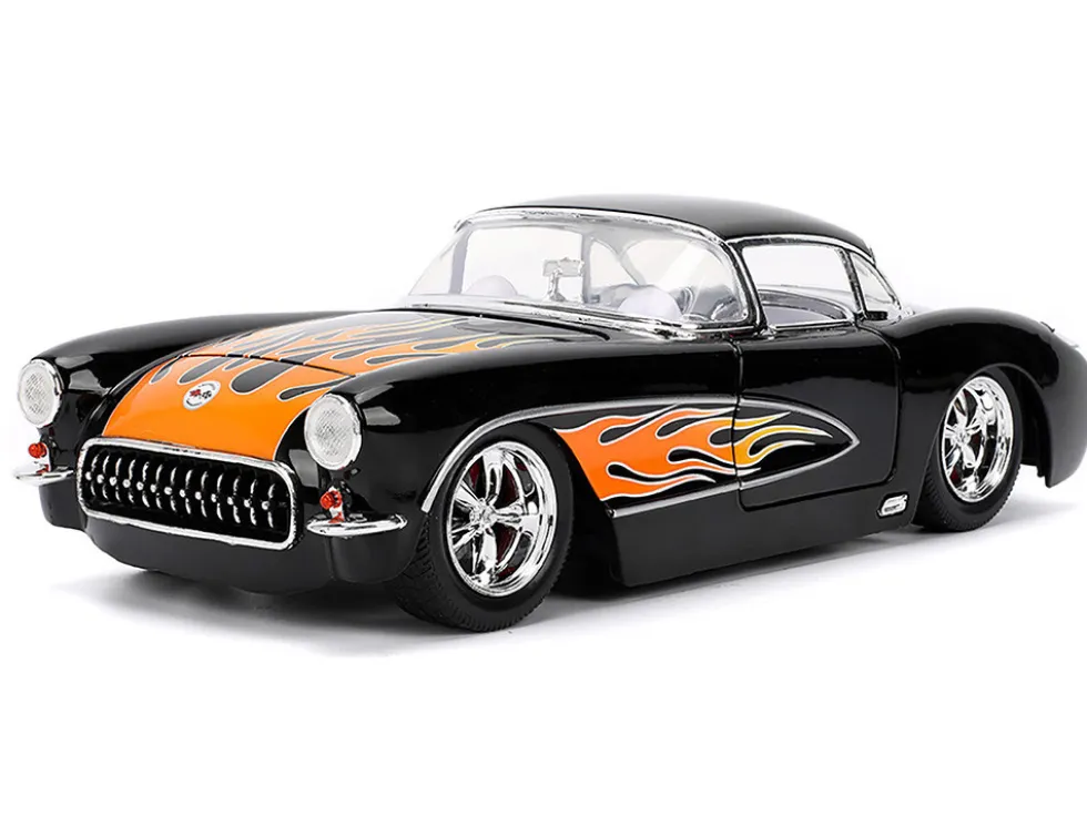 1957 Chevrolet Corvette Black with Flame Graphics and White Interior "Bigtime Muscle" Series 1/24 Diecast Model Car by Jada