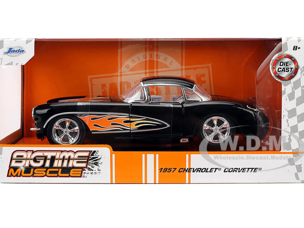 1957 Chevrolet Corvette Black with Flame Graphics and White Interior "Bigtime Muscle" Series 1/24 Diecast Model Car by Jada