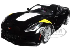2017 Chevrolet Corvette C7 Grand Sport Black with White Stripe and Yellow Fender Hash Marks 1/18 Model Car Autoart 71273